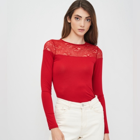 Red Long Sleeve Top with Lace Neckline - Picture 1 of 6